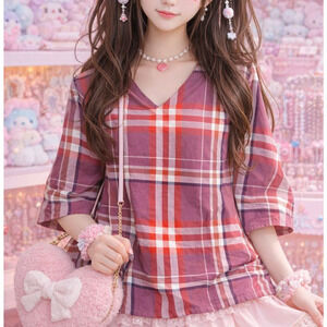 Japanese Brand Suika Plaid Top Watermelon Logo Kawaii Mori Girl Cotton Shirt L